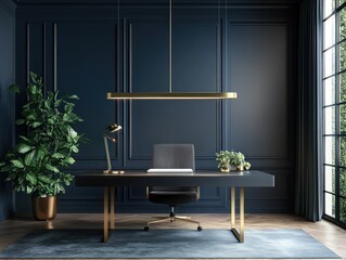 Modern home office, dark blue walls, gold accents, laptop on desk, plant
