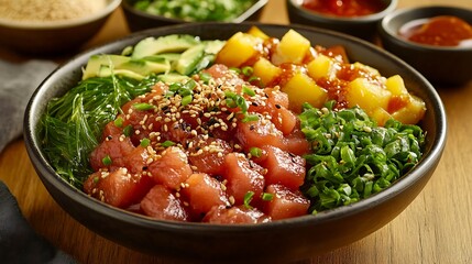 A vibrant poke bowl served on a wooden table, surrounded by small dishes of soy sauce