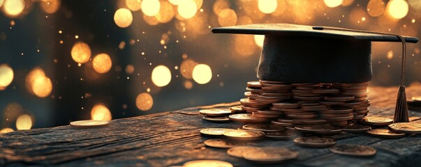 A yellow banner with images of a graduation cap, coins, and a wallet, symbolizing financial literacy and the importance of saving for education
