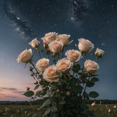 A delicate bouquet of roses in a meadow under a sky filled with stars, with a minimalistic pure white background.