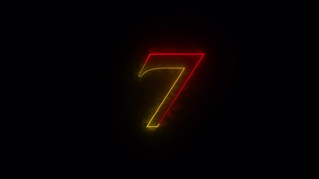 Educational mathematics concept with neon letter. Abstract neon countdown &ldquo;7&rdquo; number text background illustration. Neon digital number.