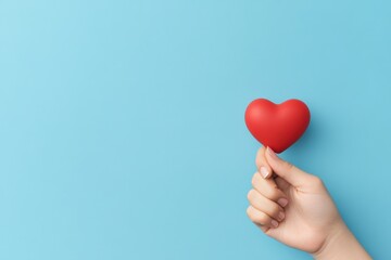 Obraz premium hand holding red heart on blue background