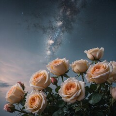 A group of roses in a meadow lit up by stars, with a pure white background that highlights their beauty.