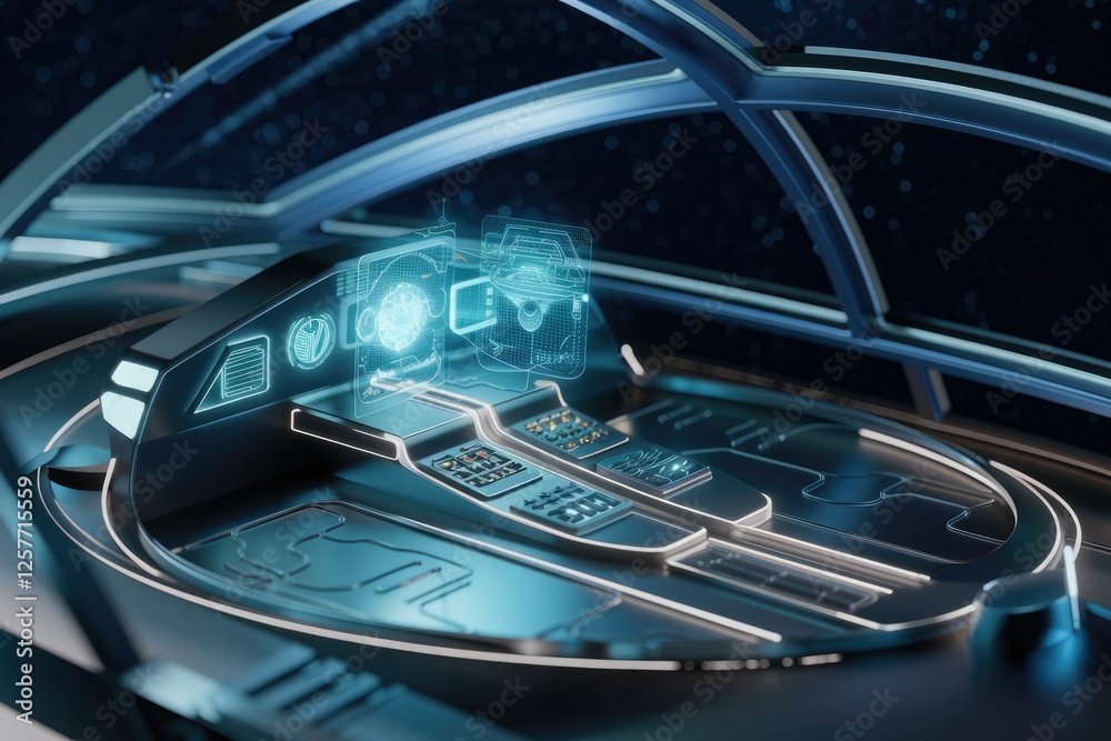 Poster Futuristic spaceship cockpit with holographic controls and advanced technology.