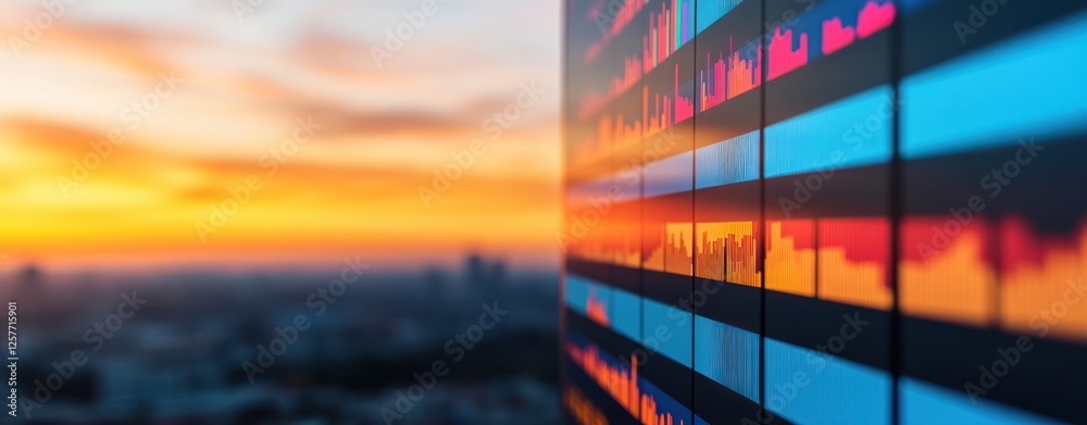 Aufkleber Dynamic Stock Market Data Display Against a Stunning Sunset Skyline Background