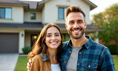 Happy Couple Posing in Front of Their New House
