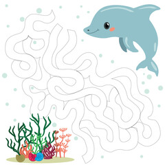 A vector picture with a maze. A children's puzzle game with sea creatures. Shells and algae to which you need to find a way.