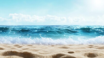 A beautiful abstract bokeh effect of shimmering turquoise ocean waves, soft-focus light reflections creating a peaceful and relaxing beach ambiance, warm summer glow enhancing the dreamy atmosphere