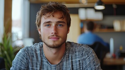 Obraz premium Portrait of a young man with blue eyes in a bright workspace