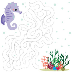 A children's puzzle game with sea creatures.  A vector picture with a maze. Shells and algae to which you need to find a way.