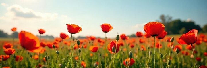 Obraz premium Field of red poppies swaying gently in summer breeze , day, flora