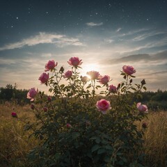 A field of blooming roses under a vast starry sky, with a simple white backdrop highlighting the natural beauty of the scene.