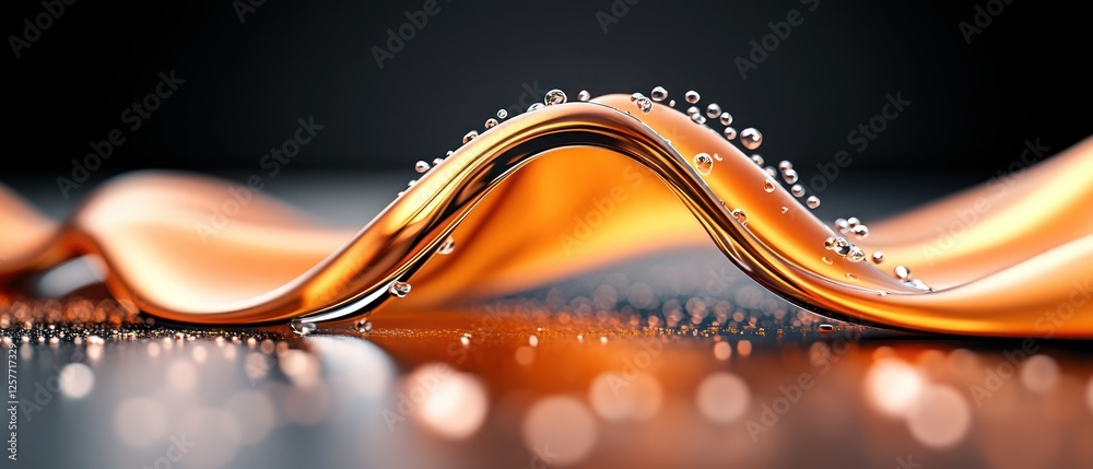 Poster glimmering orange fluid waves with droplets on a dark background for artistic inspiration