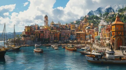 Obraz premium Coastal town with a mix of old and new architecture, boats tied to a bustling harbor.