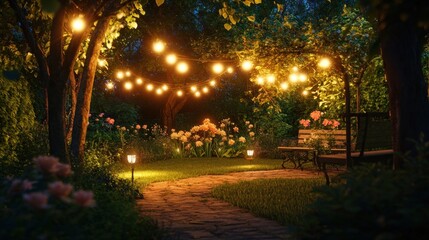 Night garden path, lights, flowers, bench, relaxation