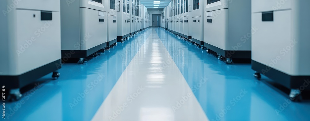 Poster Futuristic Data Center with Rows of Server Racks and a Bright Blue Floor