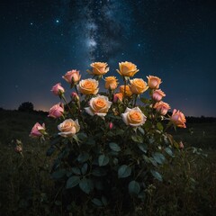 A dazzling bouquet of roses glowing in the meadow under the night sky, set against a pure white background.