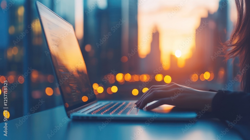 Aufkleber Sunset View of a Person Using a Laptop with Cityscape and Bokeh Lights Background