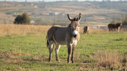 Fototapeta premium Adorable Donkey in a Lush Green Field