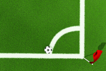 3D green soccer field with a ball on the corner line and a red flag. Match, championship. Background with a place for text.
