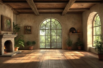 A modern unoccupied room with a fireplace and expansive bay windows