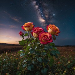 A bright, vibrant bouquet of roses glowing in a field, illuminated by a starry sky and surrounded by a pure white background.