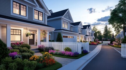 A beautiful suburban townhouse with a classic design, white picket fence, lush front yard with colorful flowers, warm sunset glow reflecting off the windows, a peaceful and family-friendly setting