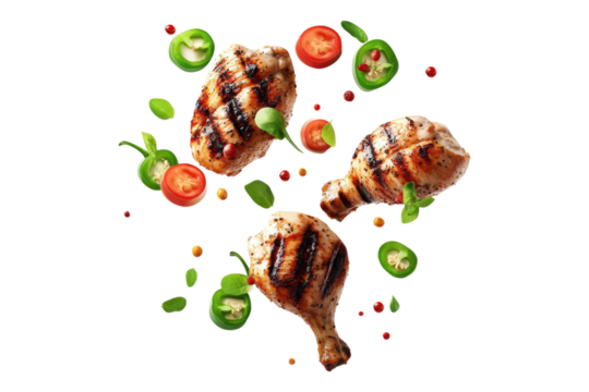 Grilled chicken breast and leg with peppers and fresh herbs floating in mid-air isolated on white or transparent, PNG