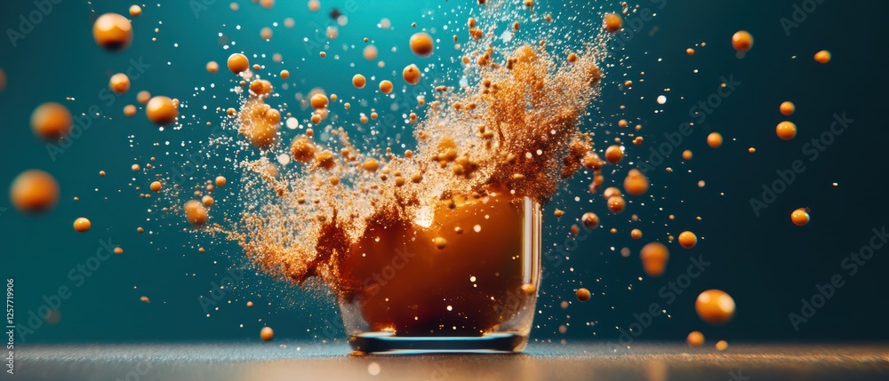 Aufkleber Dynamic Splash of Liquid with Colorful Particles in a Glass Container