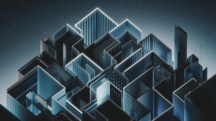 Obraz premium Abstract 3D rendering of a futuristic city at night, glowing buildings forming a complex structure under a starry sky.