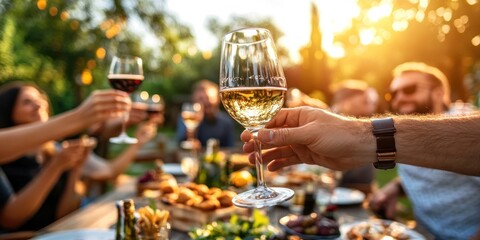 Celebratory Toast At Sunset With Friends And Wine