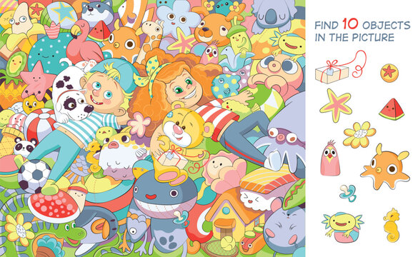 Fun, laughter, smiles! Children playing with soft toys. Find 10 objects in the picture. Educational game for children. Cartoon vector illustration