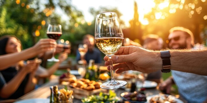 Celebratory Toast At Sunset With Friends And Wine
