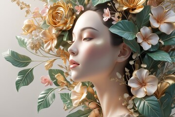 Elegant 3D illustration of a woman in side profile, surrounded by lush flowers and leaves, symbolizing growth, beauty, and empowerment for International Women’s Day, 8 March.