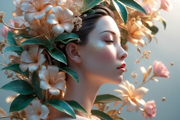 Elegant 3D illustration of a woman in side profile, surrounded by lush flowers and leaves, symbolizing growth, beauty, and empowerment for International Women’s Day, 8 March.