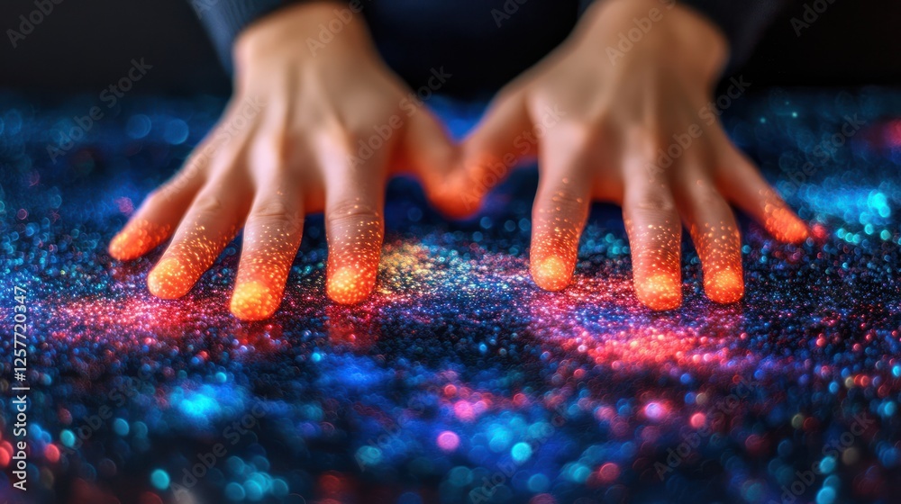 Poster hands with glittery fingertips touching a starry surface in creative abstract background
