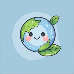 Fototapeta premium Cute Cartoon Earth Character with Green Leaves on Soft Blue Background