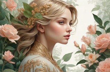 Elegant 3D illustration of a woman in side profile, surrounded by lush flowers and leaves, symbolizing growth, beauty, and empowerment for International Women’s Day, 8 March.