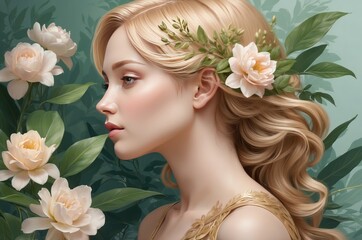 Elegant 3D illustration of a woman in side profile, surrounded by lush flowers and leaves, symbolizing growth, beauty, and empowerment for International Women’s Day, 8 March.