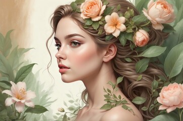 Elegant 3D illustration of a woman in side profile, surrounded by lush flowers and leaves, symbolizing growth, beauty, and empowerment for International Women’s Day, 8 March.