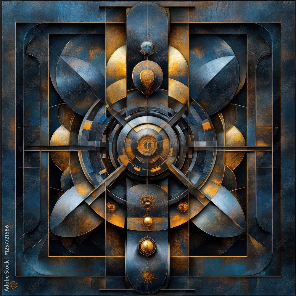 Poster Abstract geometric design with circular shapes and golden accents in blue tones