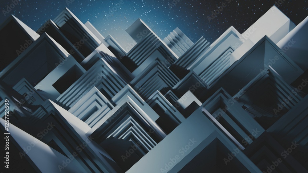 Poster abstract 3d rendering of geometric shapes resembling a futuristic cityscape under a starry night sky