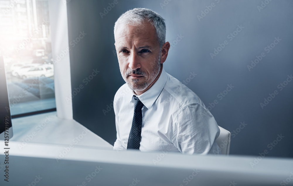 Poster reading, serious and man with computer, office and research for economic growth, trader and analysis