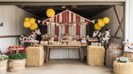 Rustic barnyard party celebration with farm animal decorations and sweets