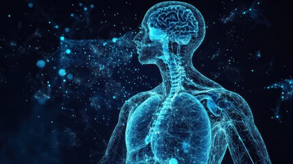 Digital human anatomy with glowing nervous system and brain.