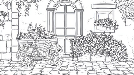 Bicycle parked near floral window, Italian street scene, coloring page