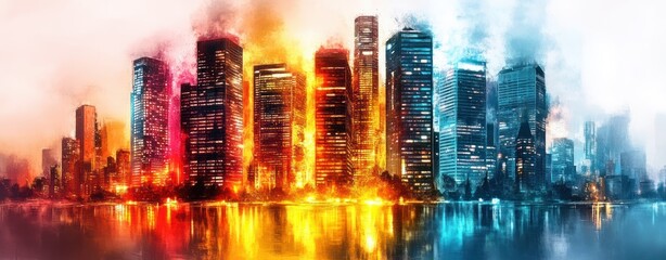 Obraz premium Vibrant City Skyline at Dusk with Colorful Lights and Reflections on Water Surface
