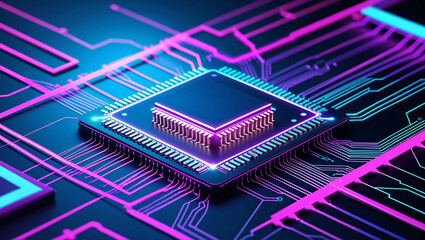 Cpu processing data on motherboard with glowing neon lights
