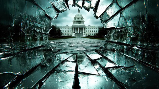 The White House seen through shattered glass - threat to democracy concept. Dystopian image