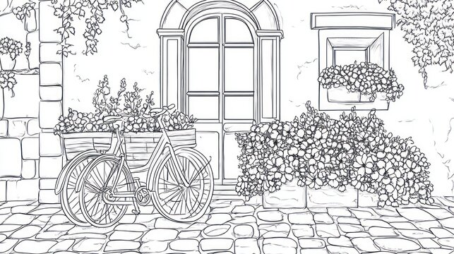 Fototapeta Bicycle parked near floral window, Italian street scene, coloring page